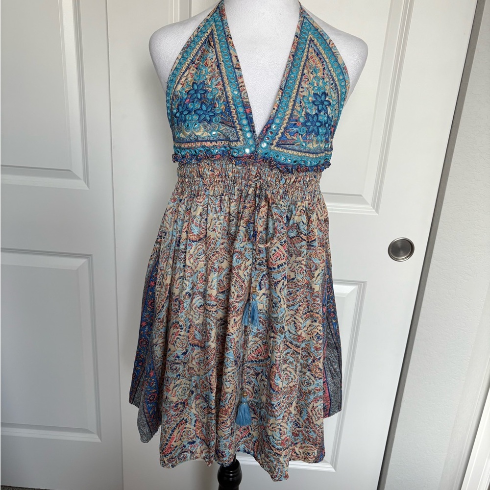 Blue and Brown Halter Backless Sundress new with tags